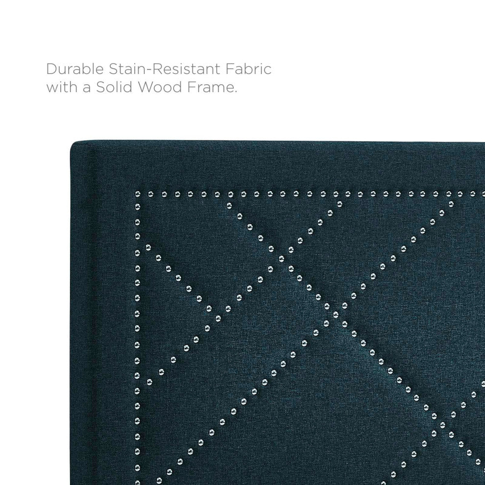 Headboard, Nailhead, King Size, Azure Navy Blue, Fabric, Modern, Guest Suite