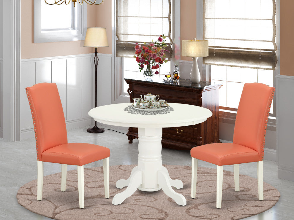 3Pc Round 42" Dinette Table, Pair Of Chair, Pu Leather Color Pink Flamingo
