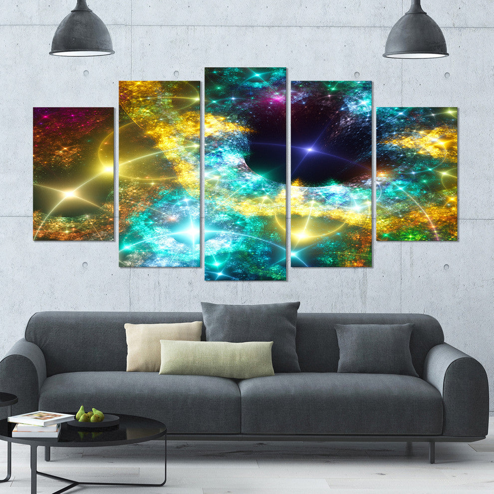 Golden Cosmic Black Hole, Contemporary Art on Canvas, 60"x32", 5 Panels