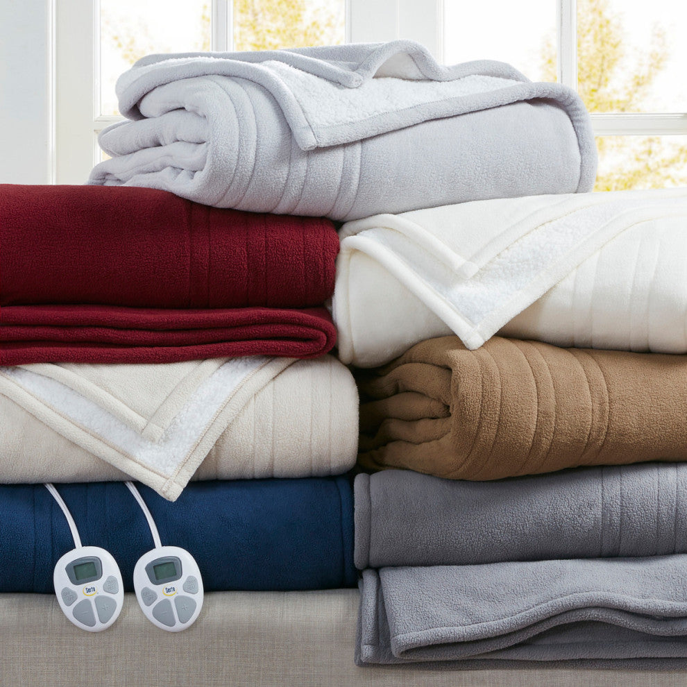 Serta Fleece to Sherpa Heated Fleece and Sherpa Bedding Blanket, Tan