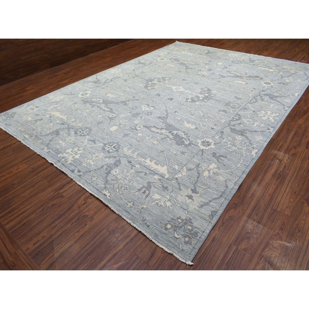 Gray Afghan Oushak Flowing Open Design Hand Knotted Pure Wool Rug, 10'2"x13'10"