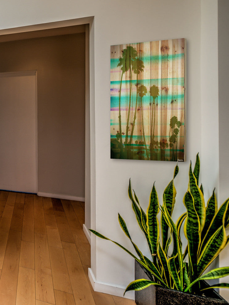 "Rainbow Through the Palms" Print on Natural Pine Wood, 24"x36"