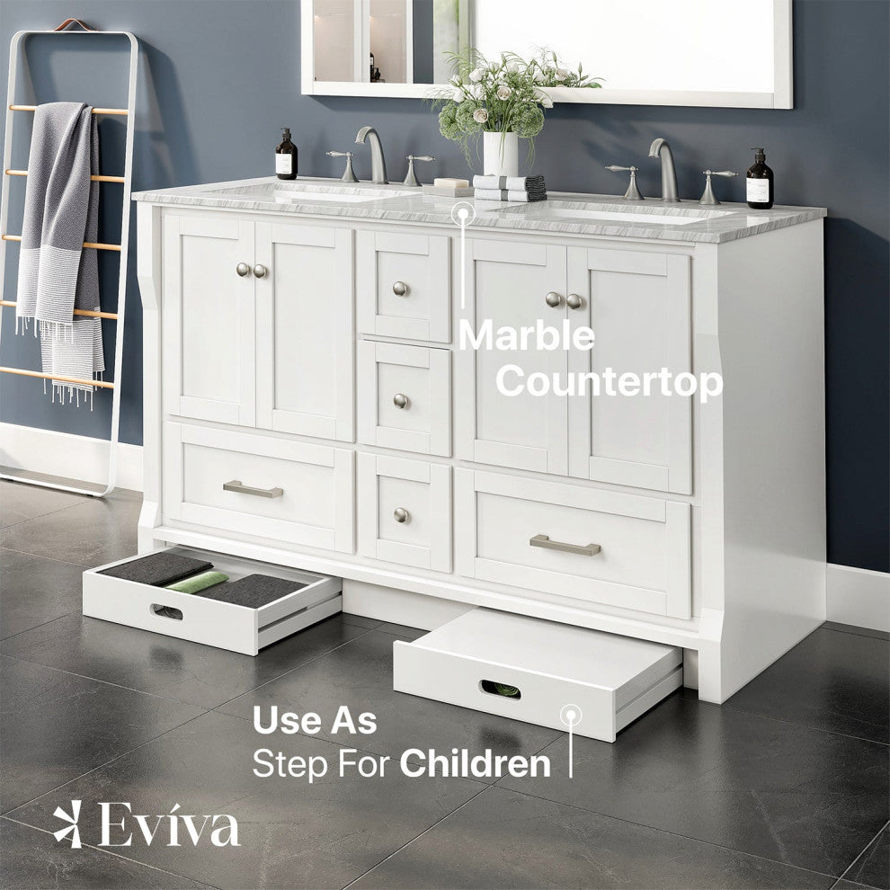 Eviva Booster 60 in. Double Sink Vanity in White White Carrara Marble Countertop