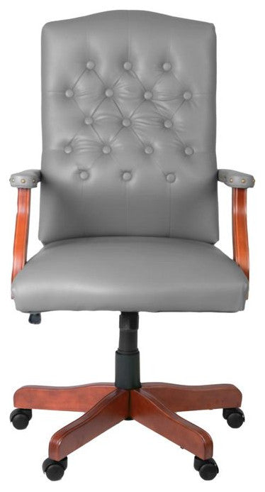 Traditional Office Chair, Hardwood Frame & Button Tufted PU Back, Gray/Cherry