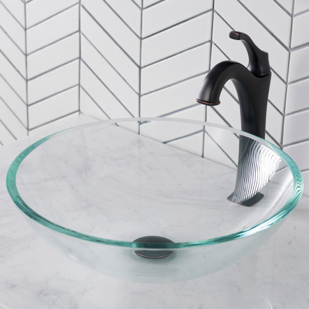 Glass Vessel Sink, Arlo Bathroom Faucet, PU Drain, Mounting Ring, Oil Rub Bronze