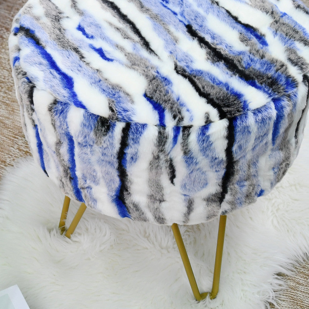 Multi Jacquard Faux Fur Round Ottoman, Blue, 18"x18"x8"