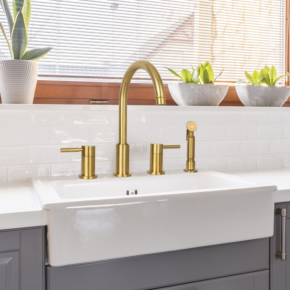 Two-Handles Copper Widespread Kitchen Faucet With Side Sprayer, Brushed Gold