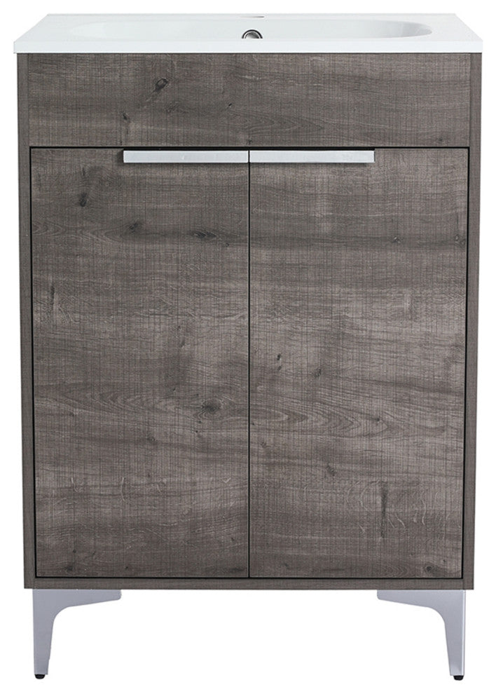 Single Vanity, Gray Oak Finish With Solid Surface Resin White Sink, 24"