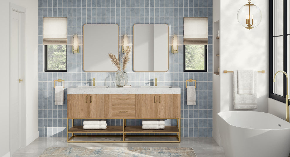 Bahia Bath Vanity, Oak, 72", Brushed Gold Hardware, Double, Freestanding