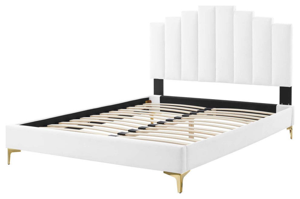Platform Bed Frame, King Size, Velvet, White, Modern Contemporary, Bedroom