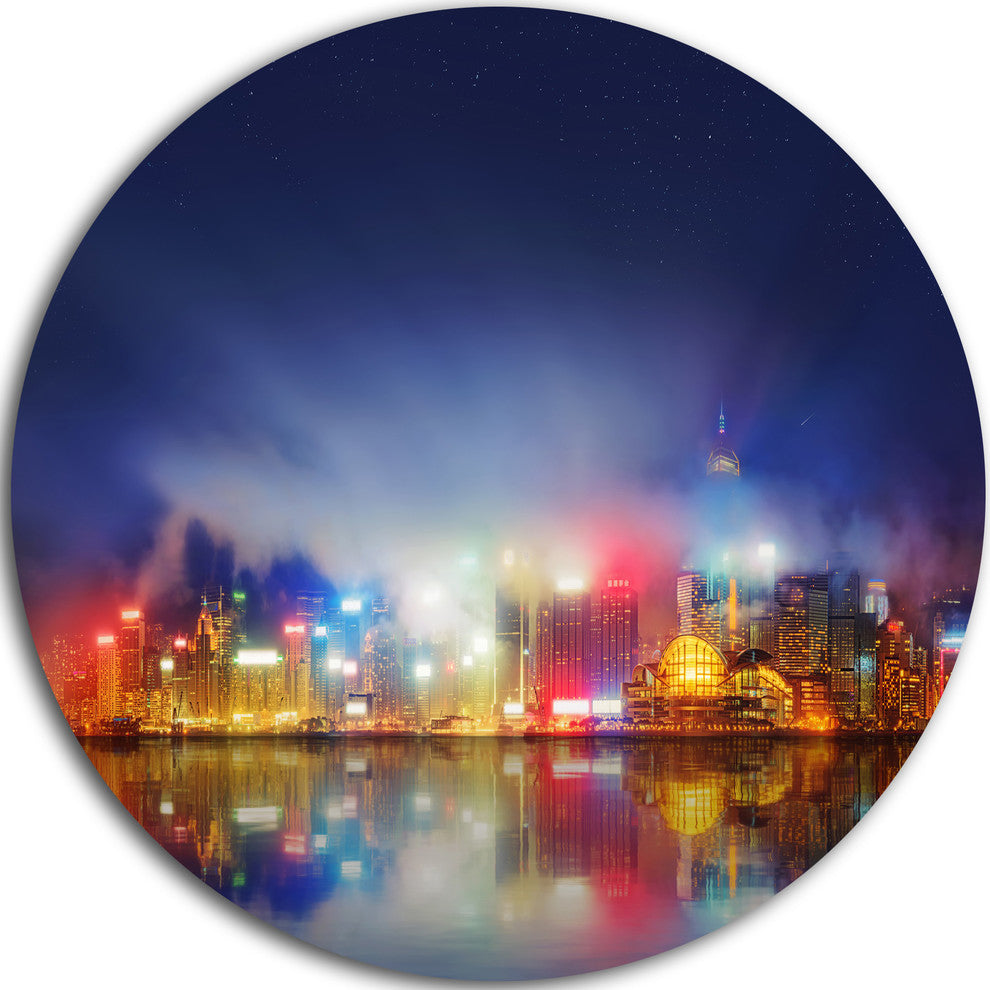 Colorful Hong Kong Skyline, Cityscape Photo Disc Metal Artwork, 11"