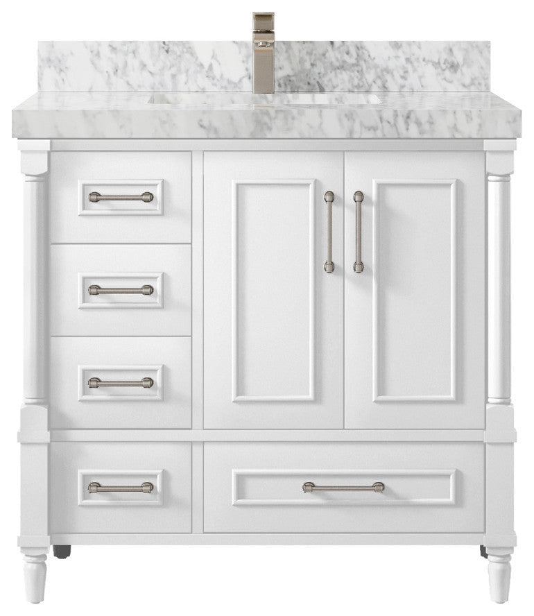 Aberdeen 36 Center Sink Bath Vanity in White 2" Carrara Marble