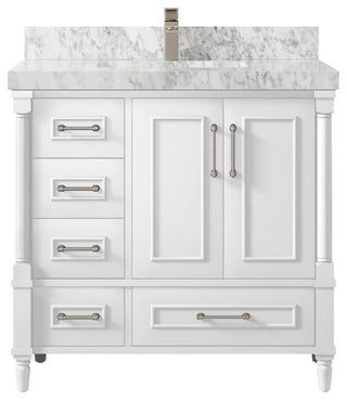 Aberdeen 36 Center Sink Bath Vanity in White 2" Carrara Marble