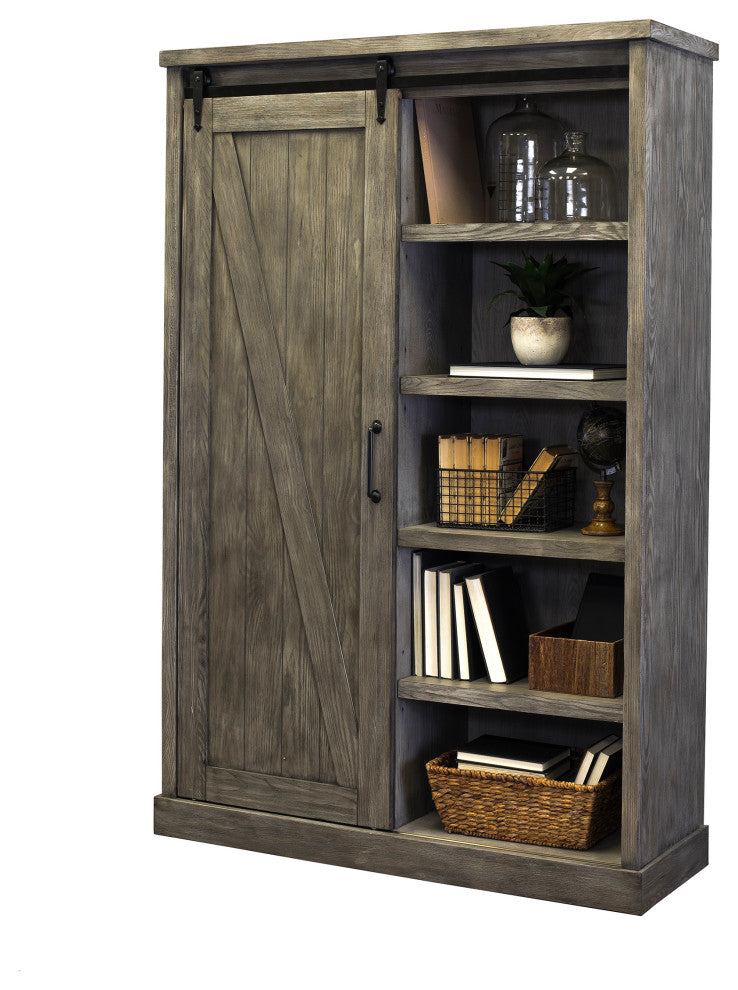 Avondale Barn Door Bookcase Wood Shelving Fully Assembled Gray