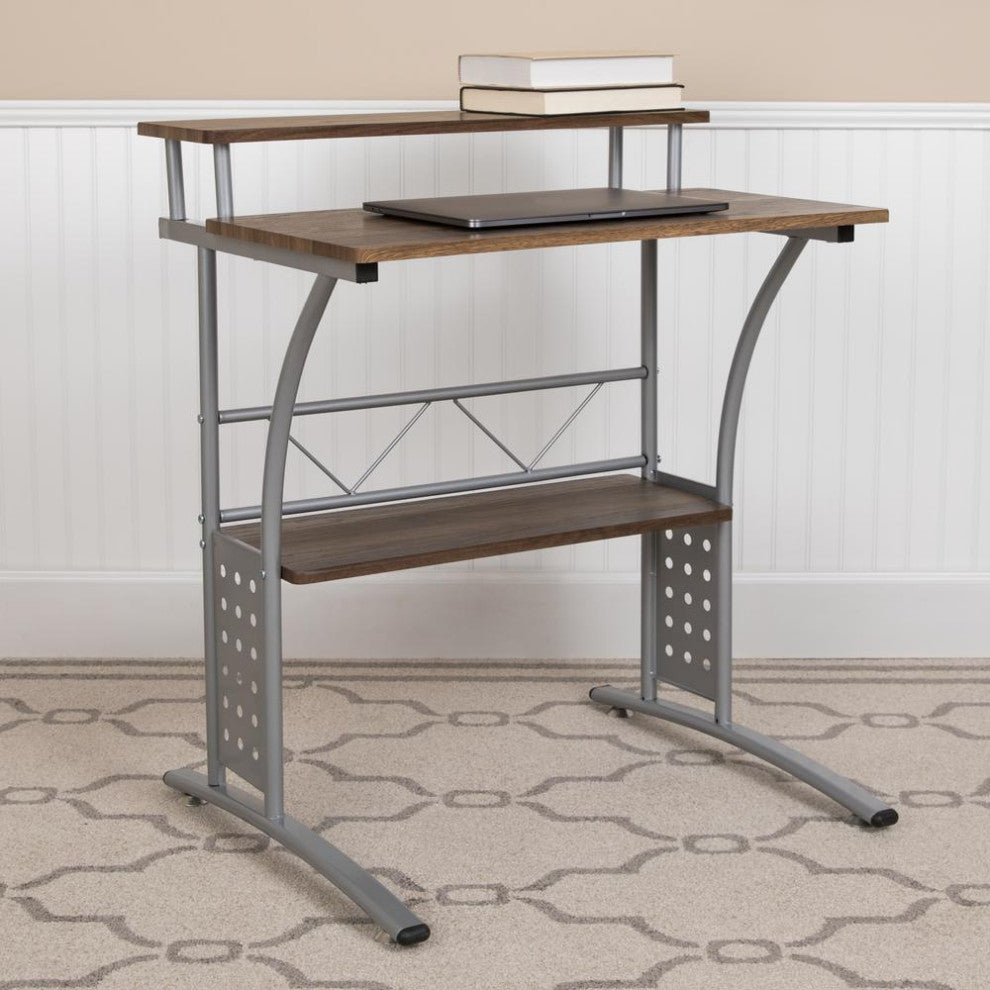Clifton Rustic Walnut Computer Desk with Top and Lower Storage Shelves