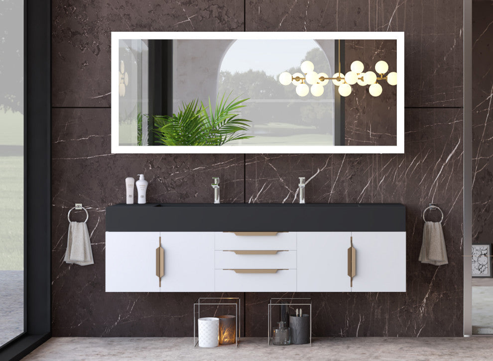 CastelloUSA Nile 72" Wall Mounted Bathroom Vanity Set, White, Black Top, Gold Handles