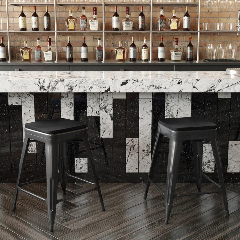Cierra Set of 4 Commercial 24" High Backless Metal Indoor Counter Stools, Black/Black