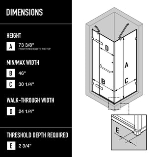 VIGO Monteray 32"D x 48"W x 79"H Frameless Hinged Shower Enclosure, Chrome, Left Base