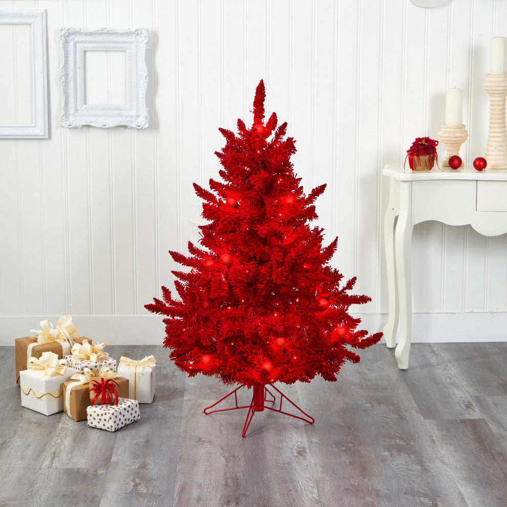 4' Red Flocked Fraser Fir Faux Xmas Tree W/Red Lights, Bulbs & Bendable Branches