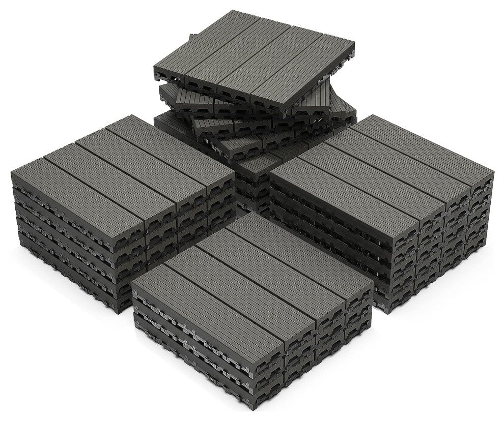 Wood Plastic Composite Interlocking Patio Deck Tiles, 12"x12" Waterproof Indoor, Dark Grey, Set of 21