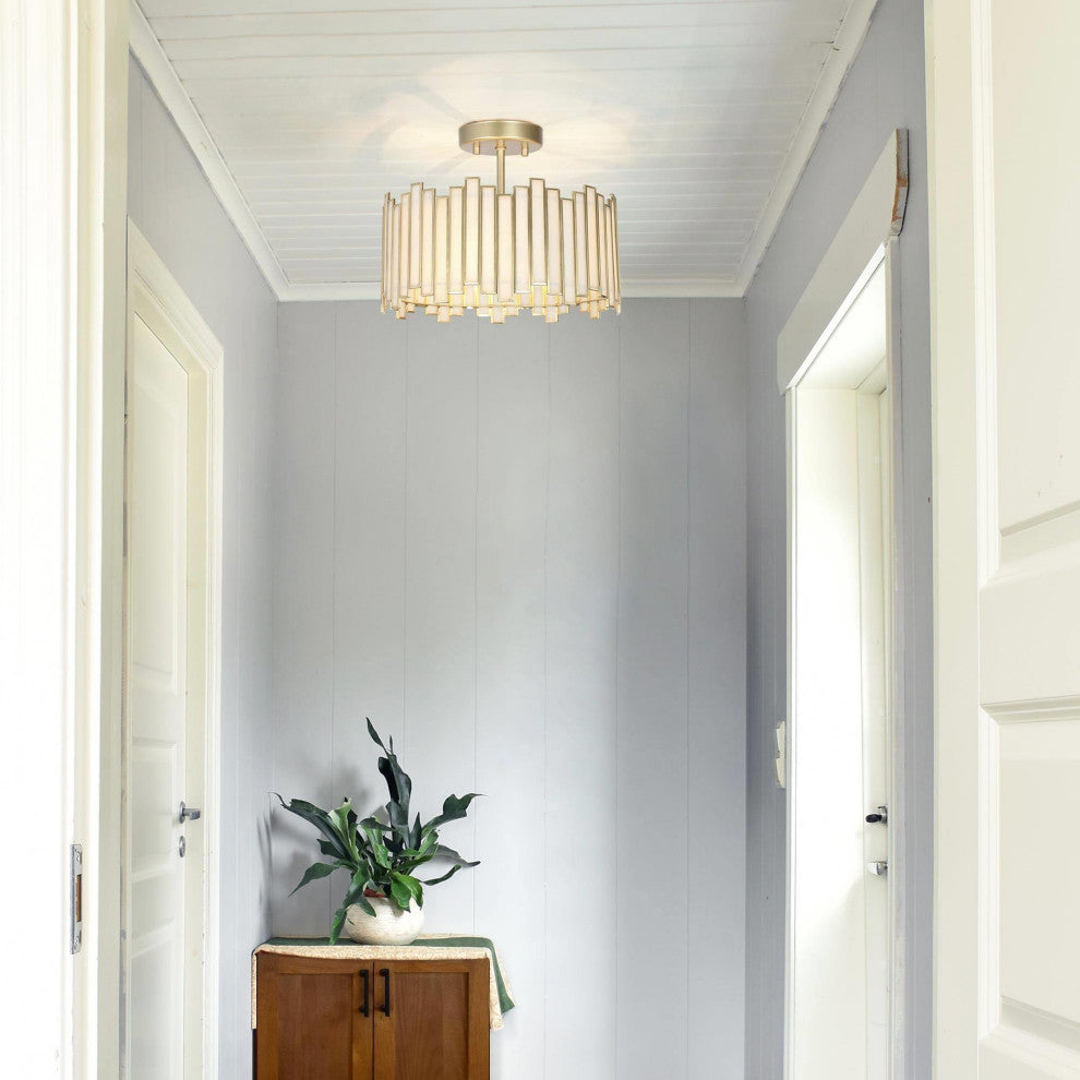 LNC 3-Light Tiffany Glass LED Semi-Flush Mount Light, Matte Gold