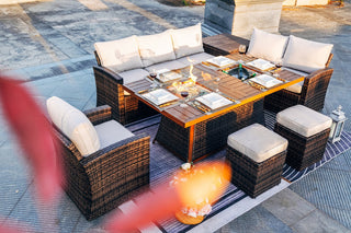 7-Piece Patio Wicker Sofa Set with Firepit & Ice Container Table, Brown