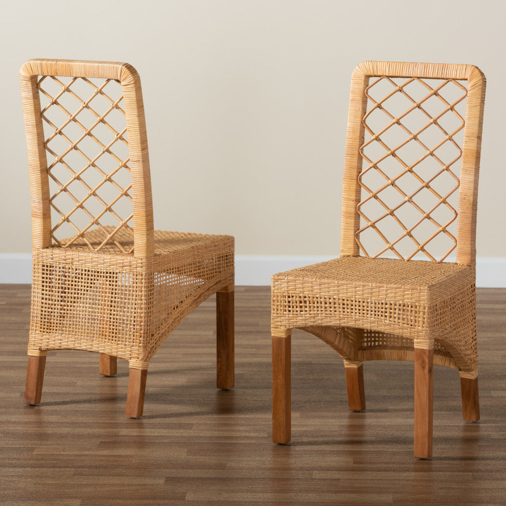 Moscow Natural Brown Rattan and Walnut Brown Finished Wood Dining Chair Set