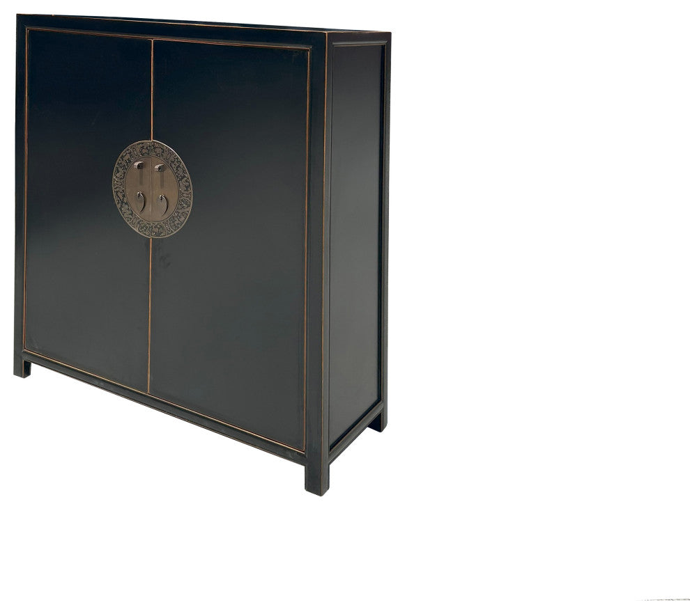 Black Lacquer Zodiac Moon Face Hardware Credenza Storage Cabinet