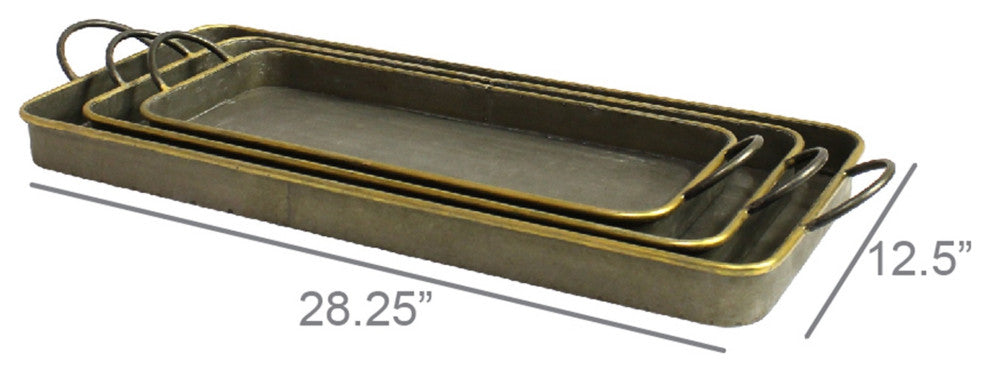 HomeRoots Set of 3 Nesting Galvanized Metal and Gold Serving Trays