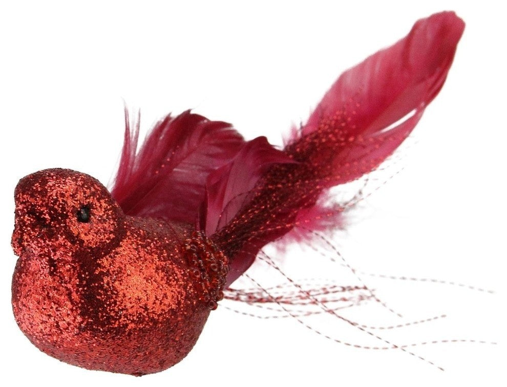 8" Crimson Red Glittered Bird Figure Clip-On Christmas Ornaments