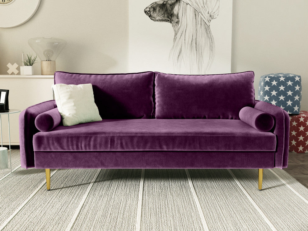 The Audrey I Velvet Round Arm Sofa, Eggplant Purple