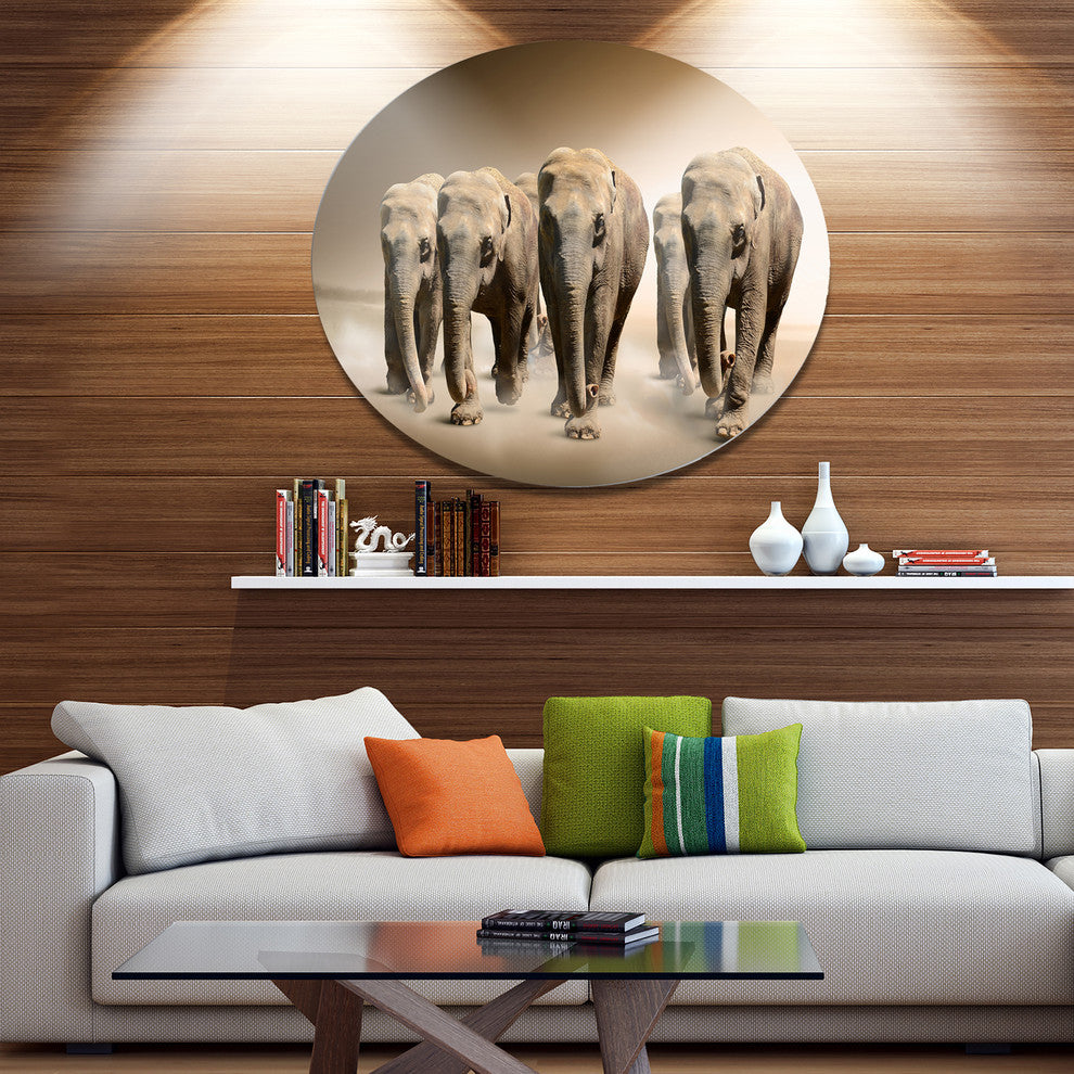 Walking Herd Of Elephants, Animal Large Disc Metal Wall Art, 23"