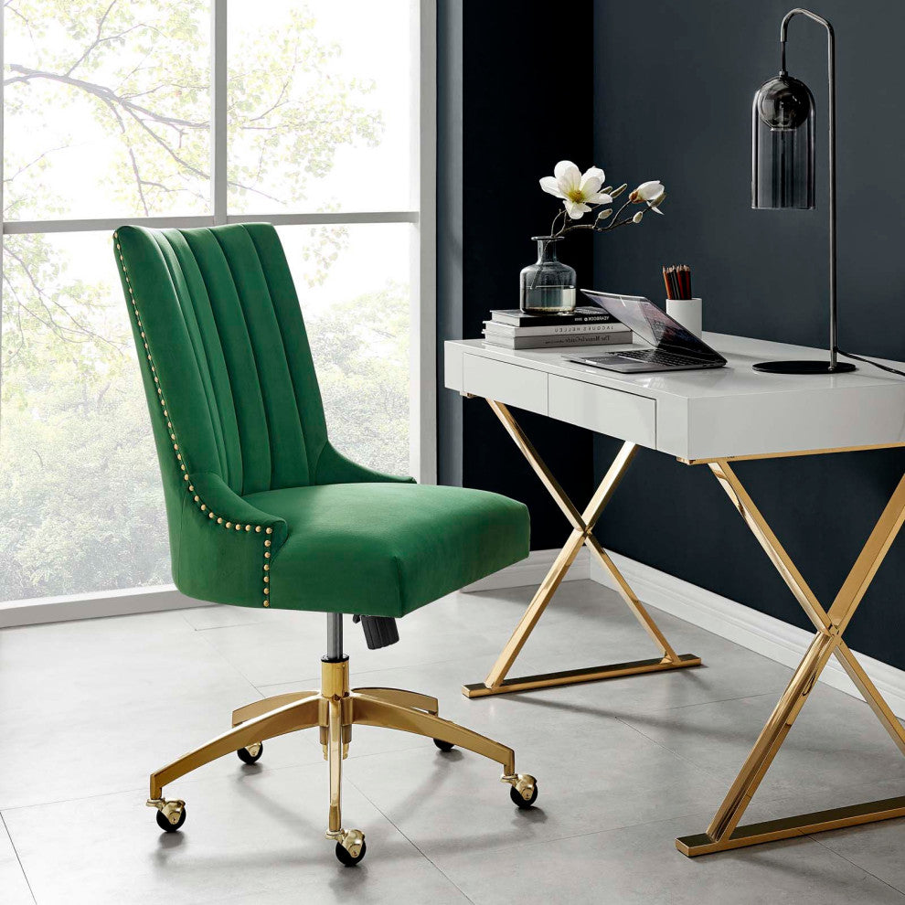Computer Work Desk Tufted Chair, Velvet, Gold Green, Home Business Office
