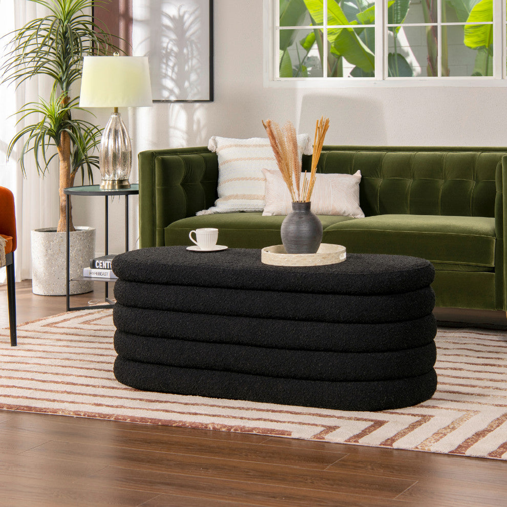 Fuji 49" Upholstered Oval Storage Bench, Ebony Black