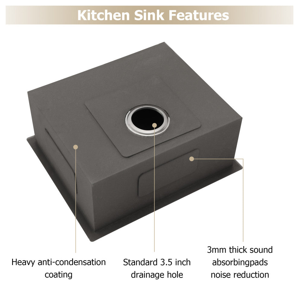 23 in Undermount Single Bowl 18G T-304 Stainless Steel Kitchen Sink Bar Sink