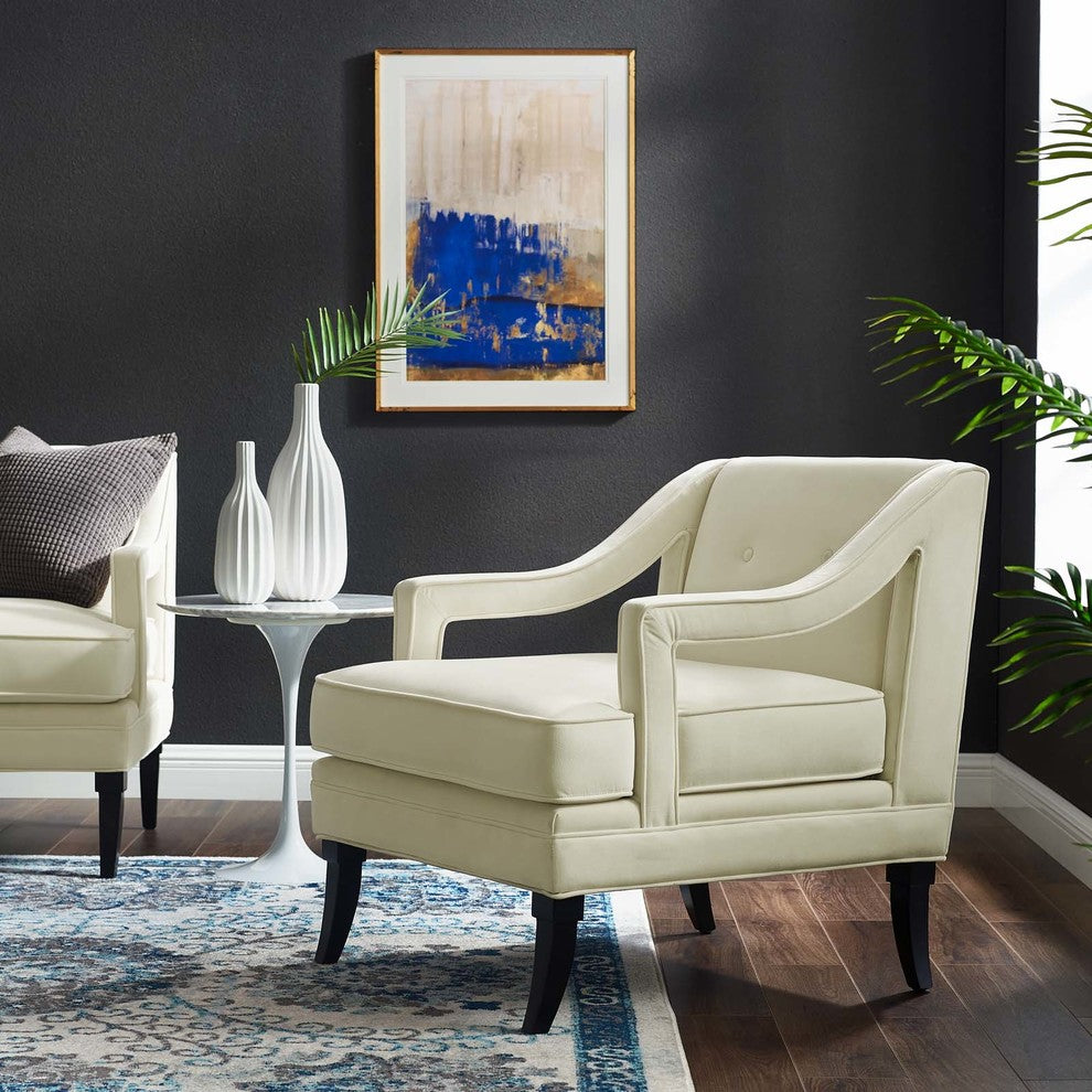 Concur Button Tufted Upholstered Velvet Armchair, Ivory