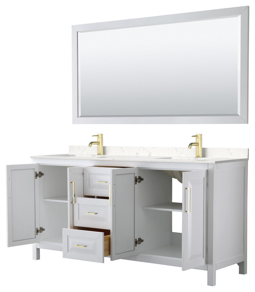 72"DBL Vanity White, Light-Vein Carrara Cult. Top, Sinks, 70"Mirror, Gold Trim