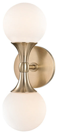 Astoria, 2-Light Wall Sconce, Aged Brass Finish, Opal Etched Glass Shade