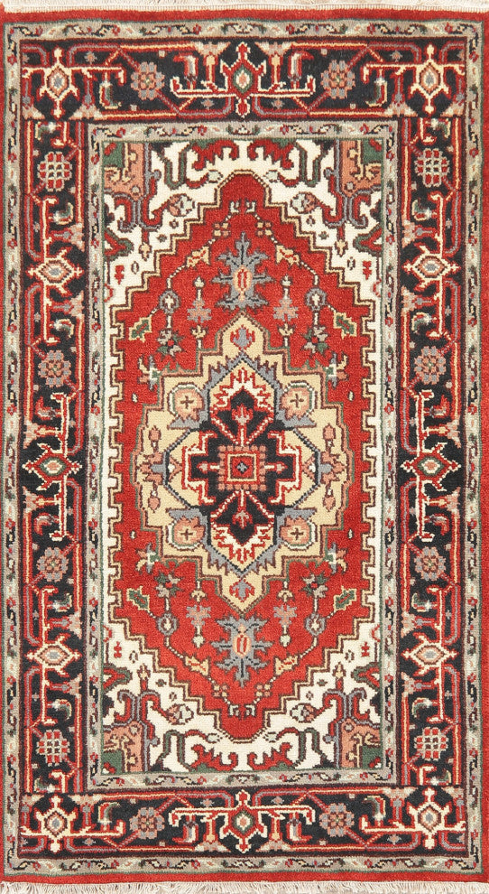 Hand-Knotted Oriental Traditional Indian Heriz Area Rug, Red, 5'1"x3'1