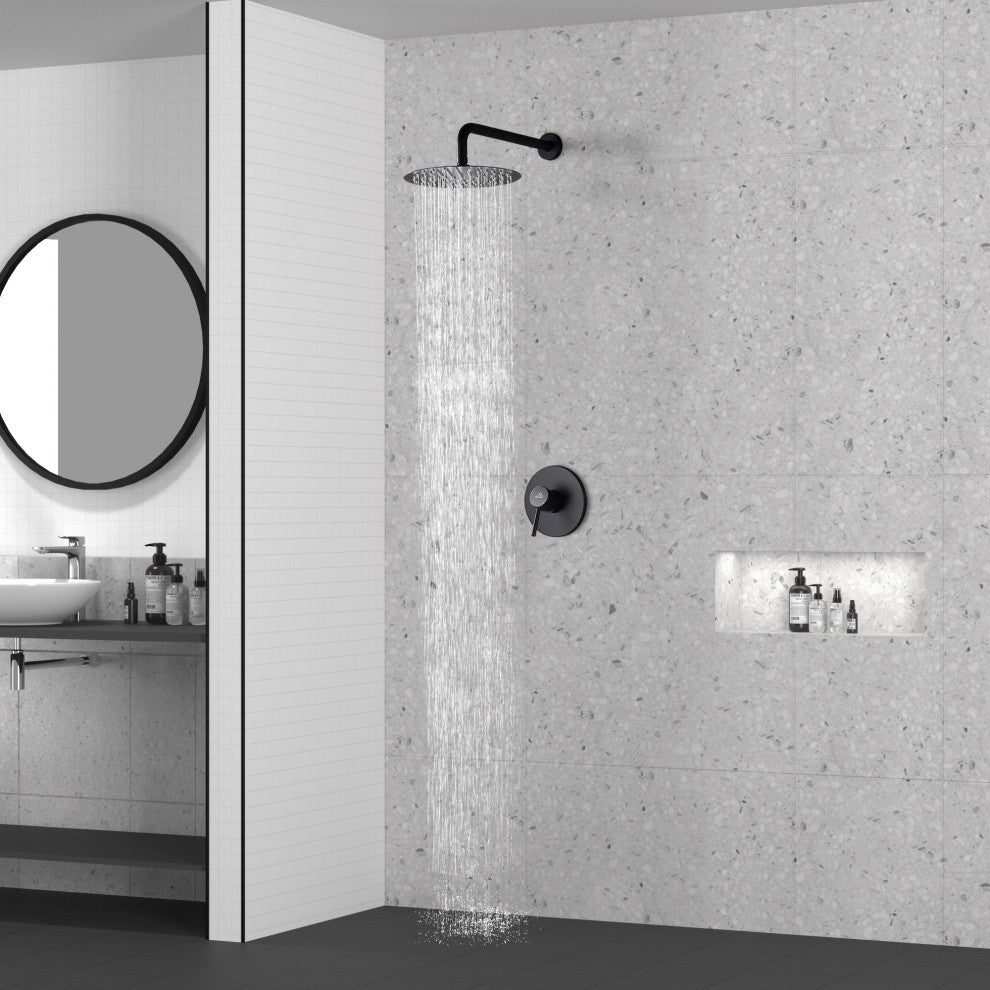 CASAINC 10" Round Wall Mounted Rainfall Luxury Shower System Kit, Matte Black