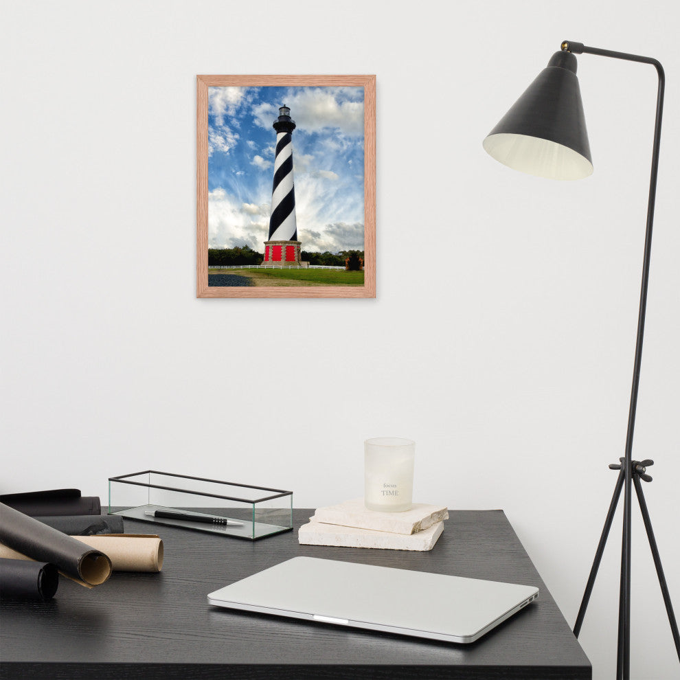Cape Hatteras Lighthouse Coastal Landscape Framed Photo Paper Wall Art Prints, Red Oak, 11" X 14"