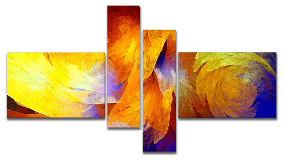 Yellow Fractal Abstract Pattern, Abstract Art on Canvas, 60"x32", 4 panels