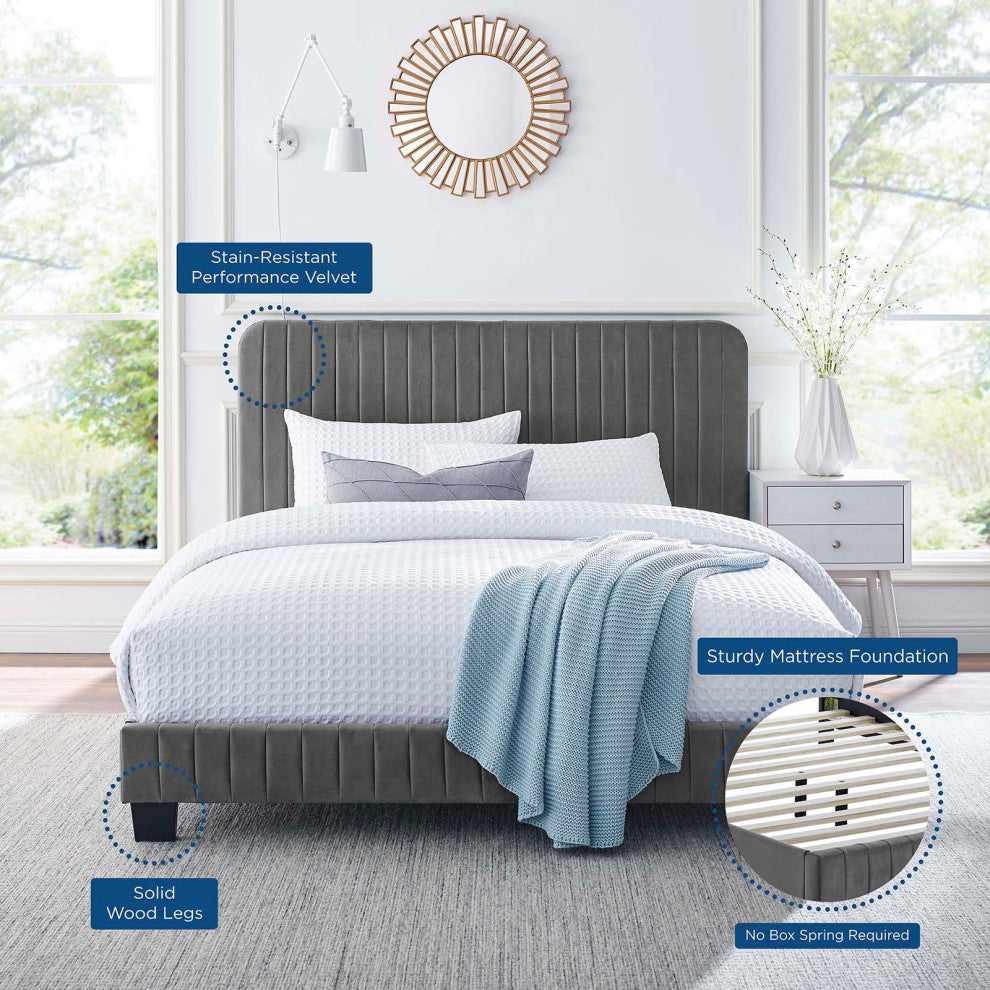 Tufted Platform Bed Frame, Twin Size, Velvet, Grey Gray, Modern Contemporary