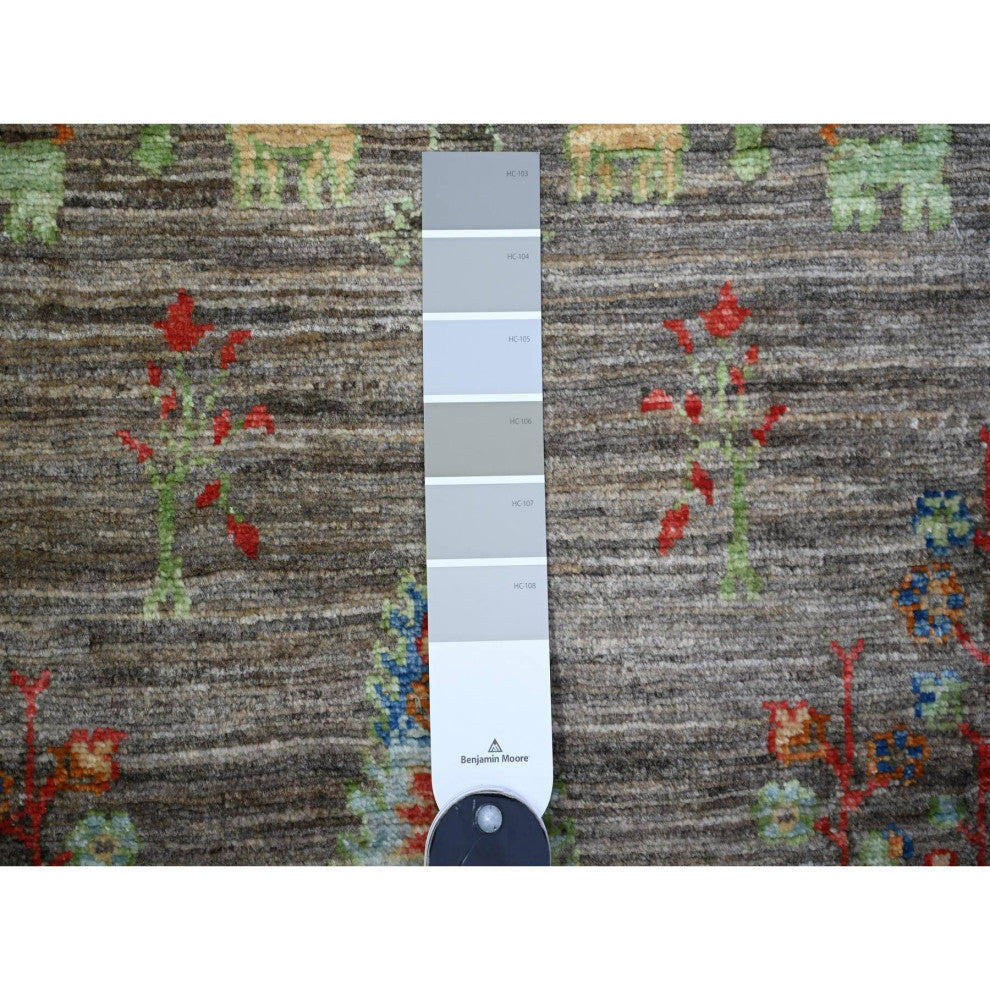 Echo Gray Wool Hand Knotted Folk Art Willow Cypress Tree Design Rug  2'5"x11'2"