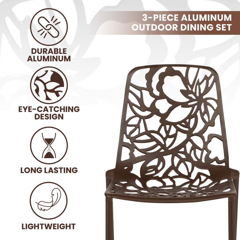 LeisureMod Devon Outdoor Dining Set with Glass Table and 2 Chairs, Brown