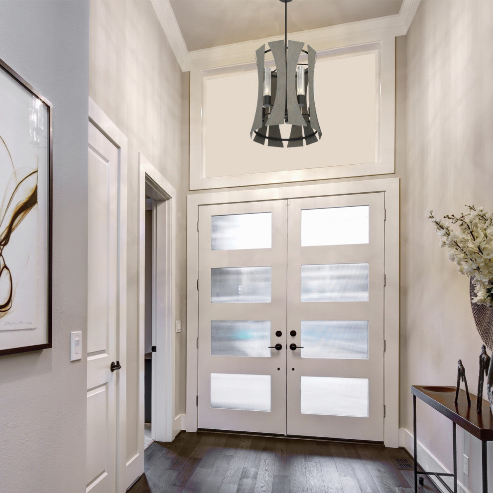 Transitional Chandelier, Matte Black With Gray Wood