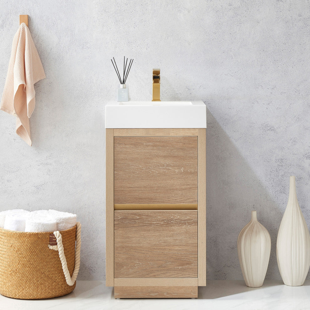Huesca Bath Vanity, Integrated Sink Top, North American Oak, 18", Without Mirror