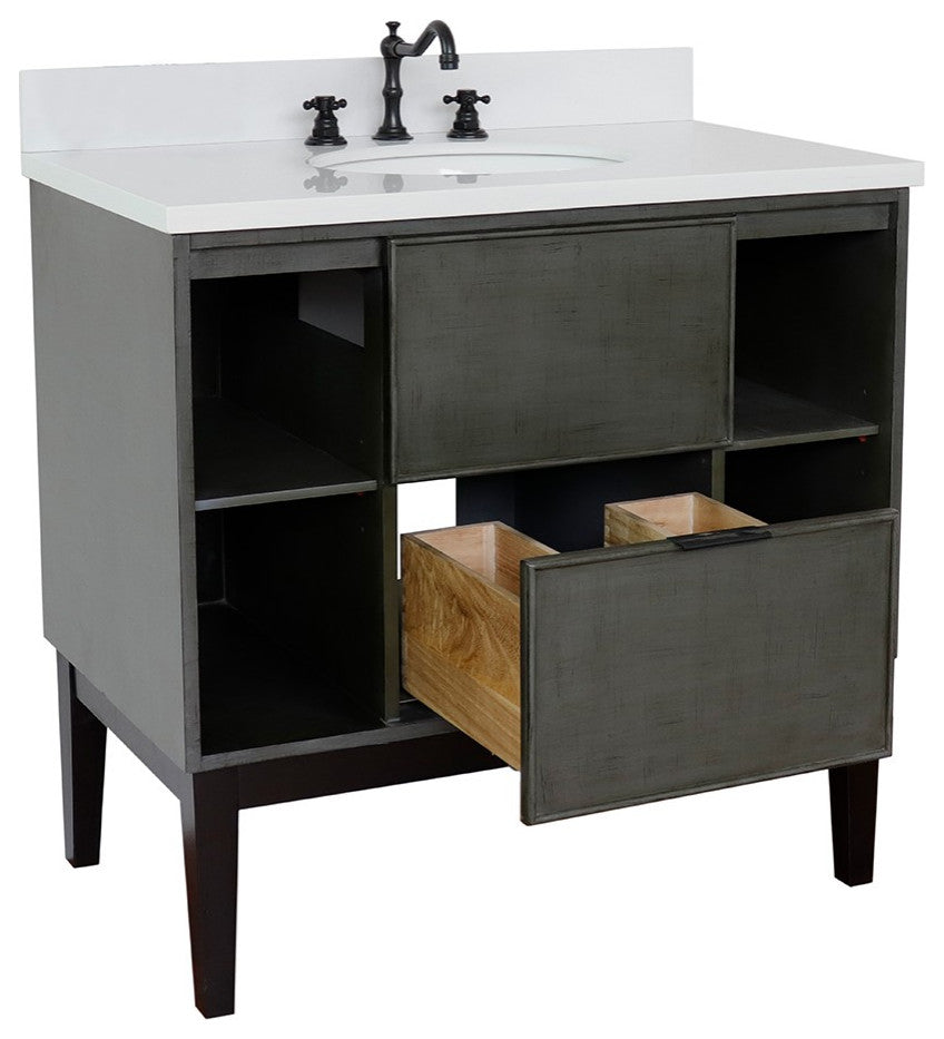37" Single Vanity, Linen Gray Finish With Engineered Stone Top And Oval Sink