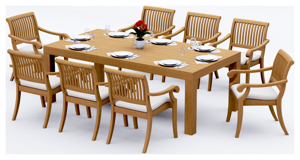 9-Piece Outdoor Teak Dining Set: 86" Rectangle Table, 8 Arbor Stacking Arm Chair