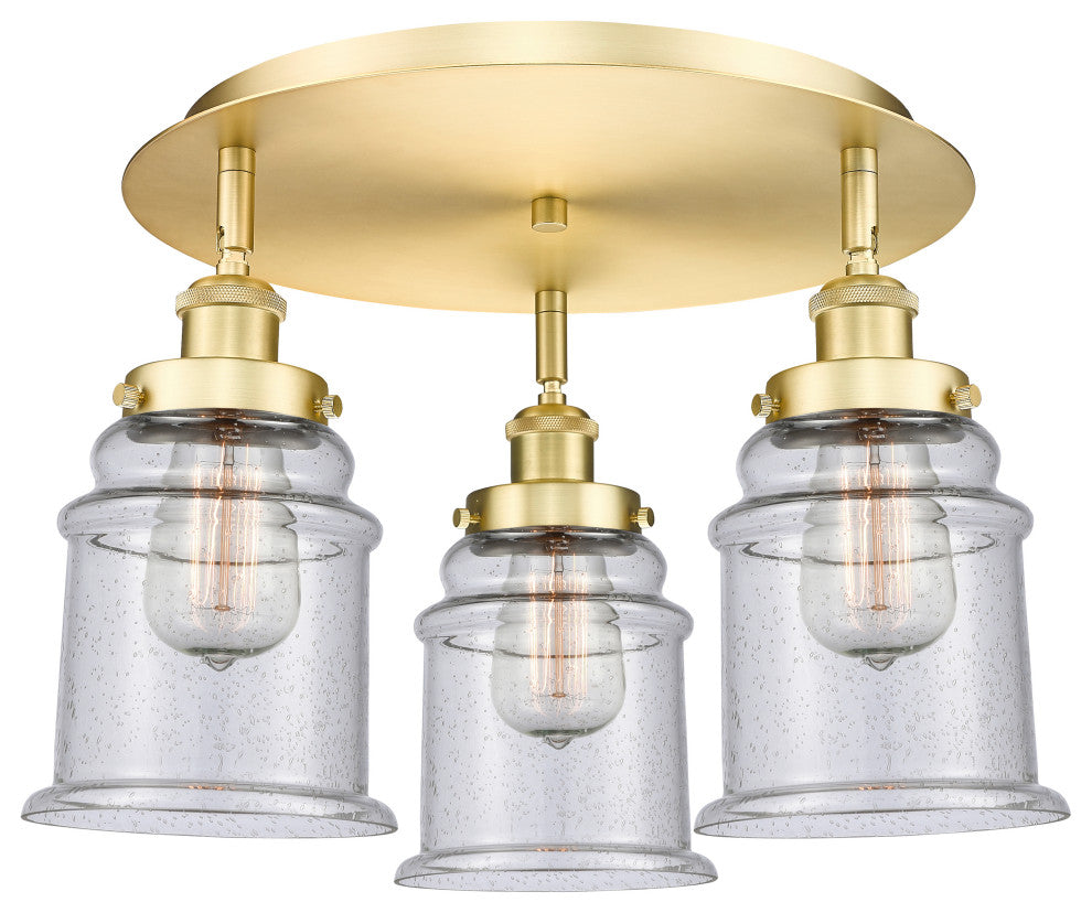 Canton-3 Light 18" Flush Mount-Satin Gold, Seedy Glass Shade